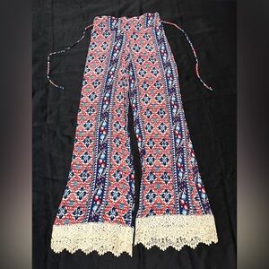 No Boundaries Boho Palazzo Pants Wide Leg lightweight Smocked Waist Lace Trim S